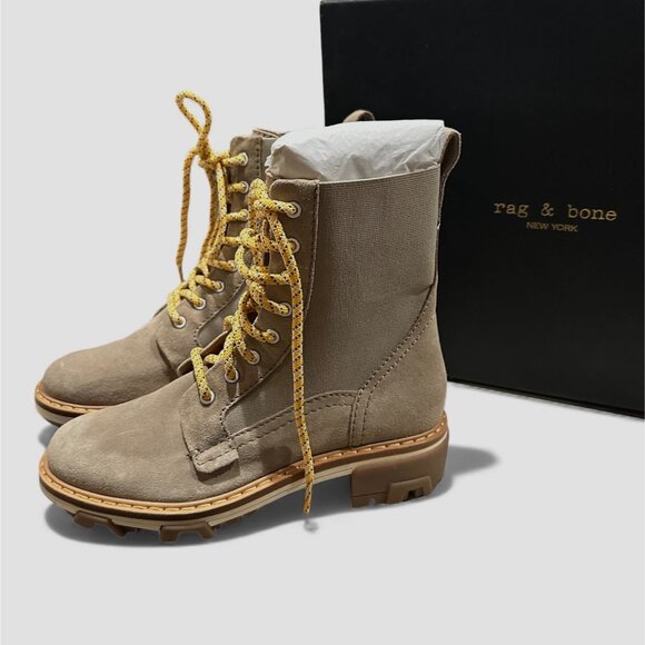 rag & bone $ 595 Shiloh Leather Suede Combat Boots Light Sand Women’s 7 EU 37 - Picture 7 of 13